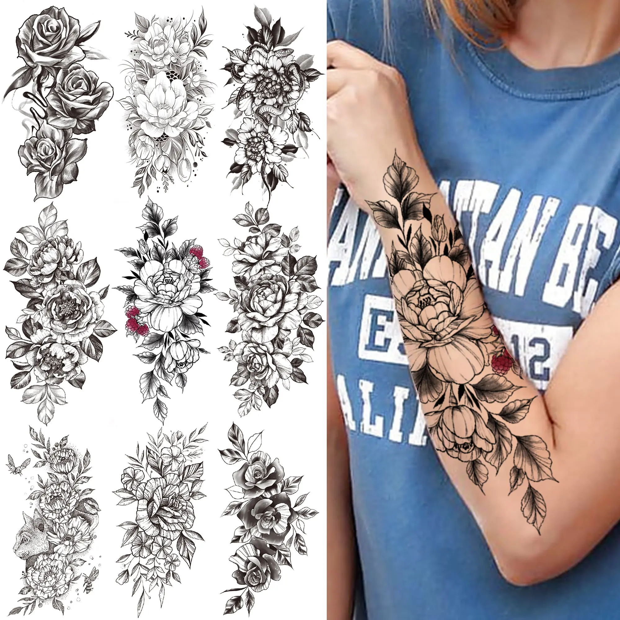 

Realistic Peony Flower Temporary Tattoo For Women Men Adult Dahlia Black Rose Tattoos Sticker Anemone Fake 3D Daffodil Tatoos