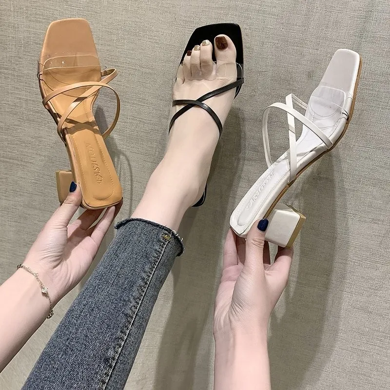 

2021 Summer Women Wear Stiletto Fashion All-match Toe Mid-heel Cross Sandals Slippers Women High-heeled Slippers