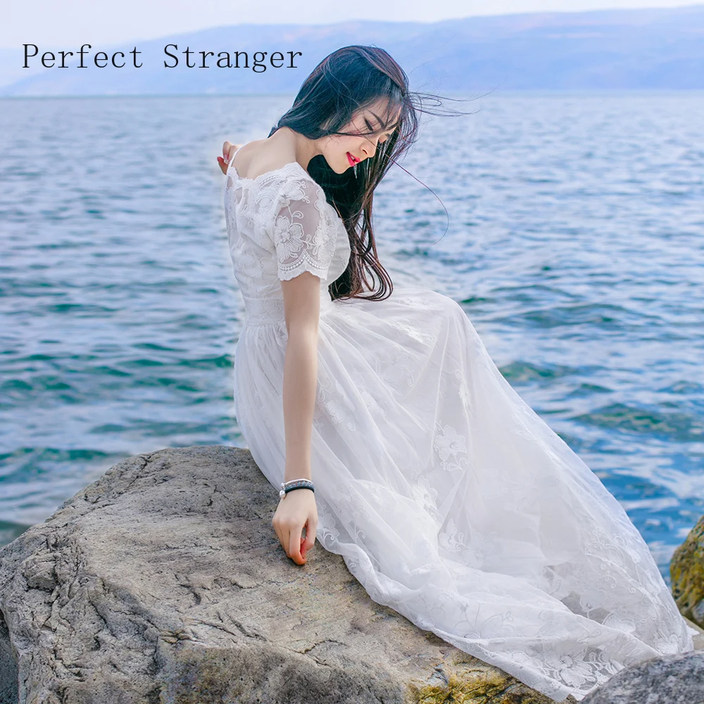 Женское богемное пляжное платье длинное кружевное с коротким рукавом и