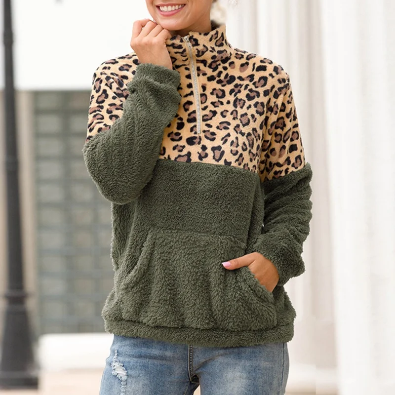 

New Womens Leopard Print Splicing Long Sleeve Pullover Sweater Autumn Double-sided Fuzzy zipper Oversized Streetwear KLIV1