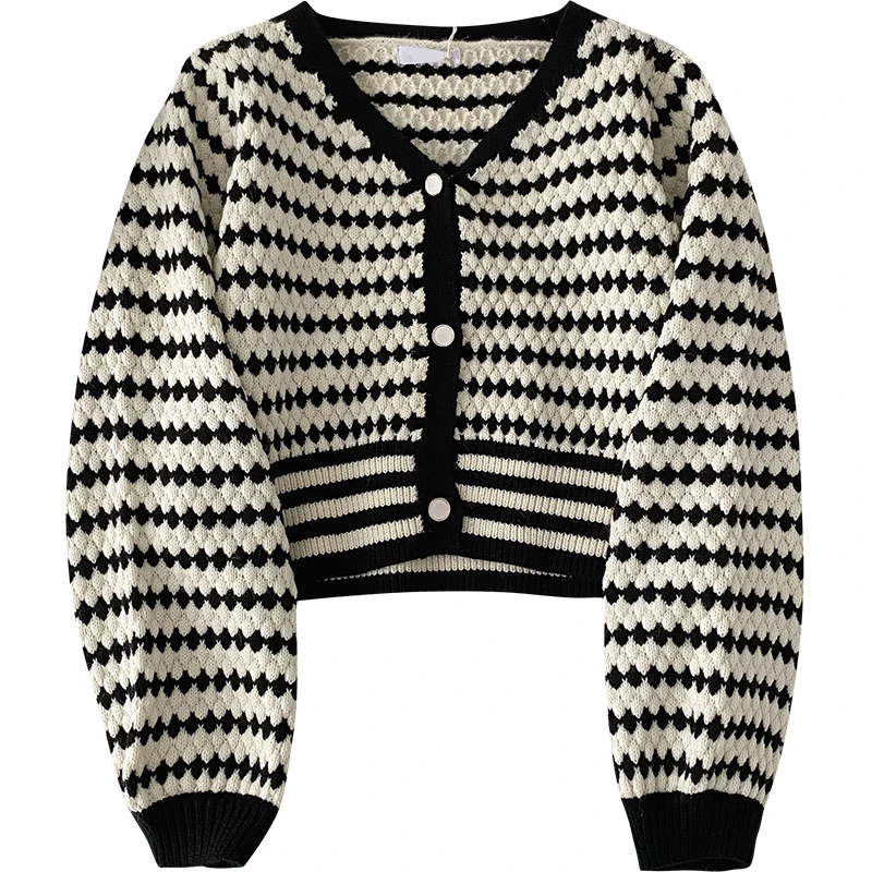 

Striped Knitted Women Sweater Cardigan Winter New V-Neck Long-Sleeved Thicken Warm Short High Waist Female Outwear Coats Tops