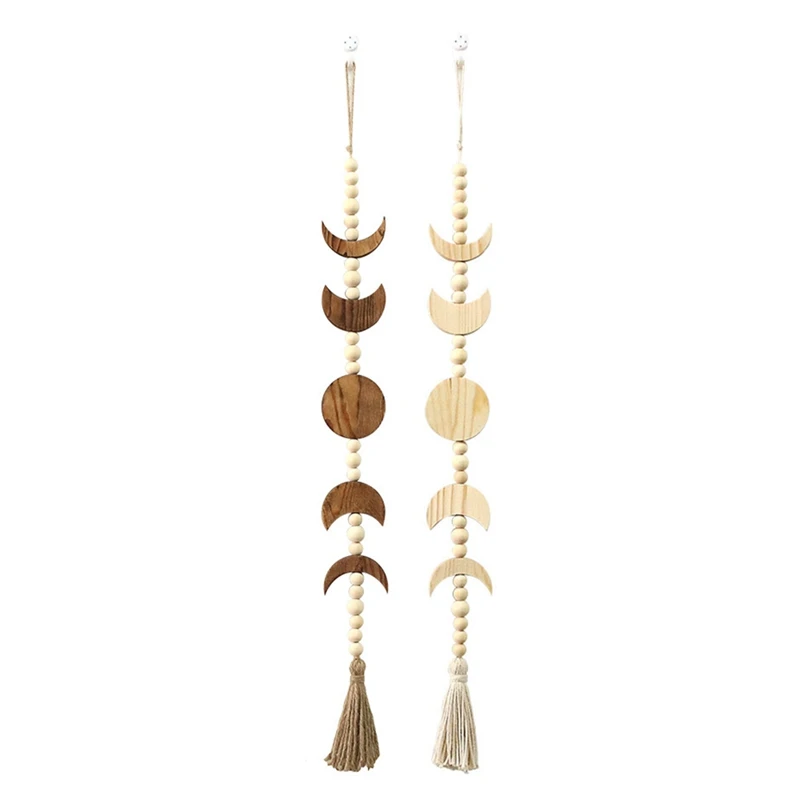 

2 Pcs Wood Moon Phase Wall Hanging, Boho Farmhouse Beaded Moon Garland with Tassel Wall Home Decor