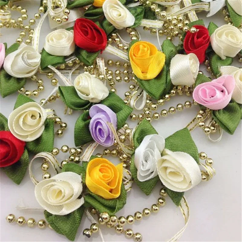 

20pcs New Ribbon Flowers Bow W/ Rose Bead Leaf Wedding Decor Appliques B244