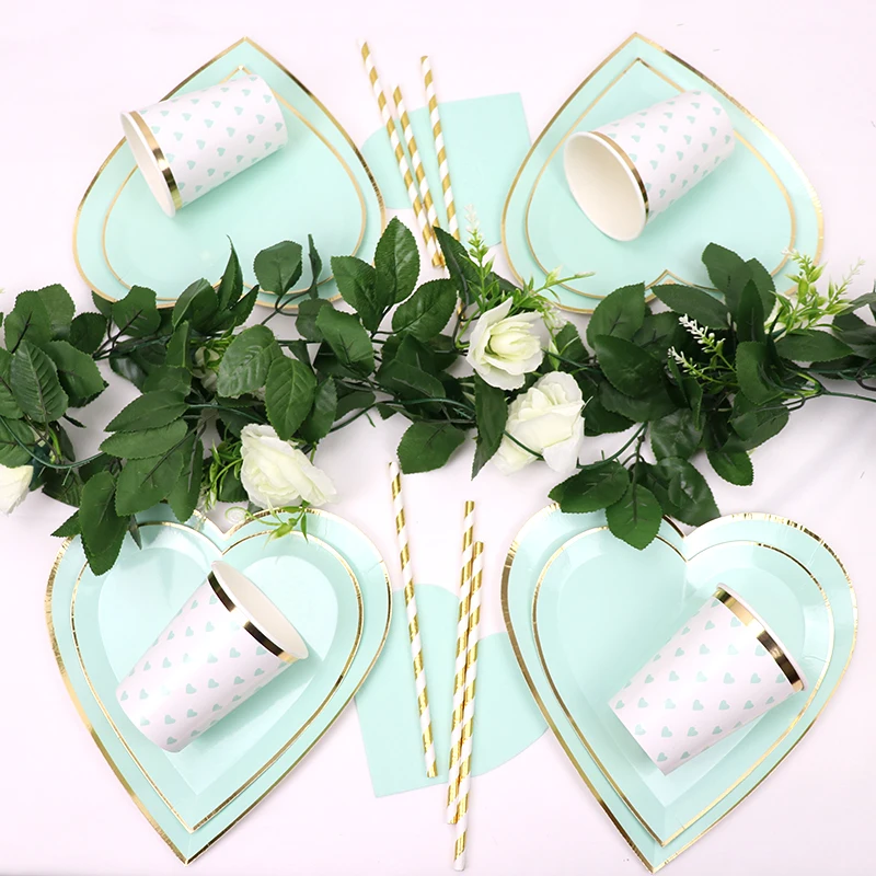 65 шт./лот зеленый одноразовый набор посуды в форме сердца вечерние бумажные