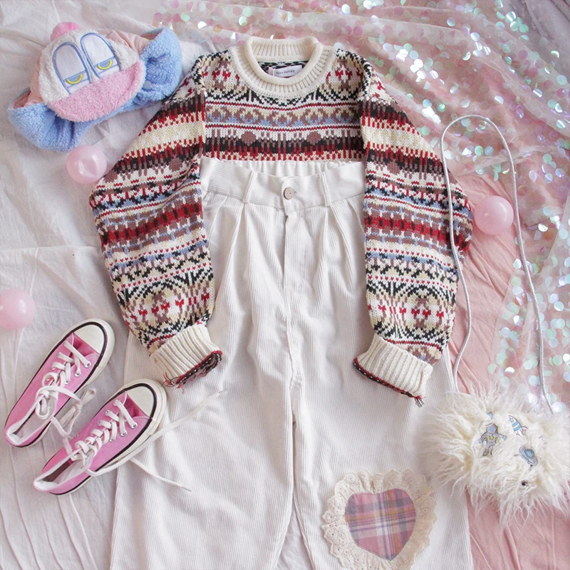 Зимние Для женщин ретро жаккардовый свитер молодая девушка студентка Harajuku Стиль