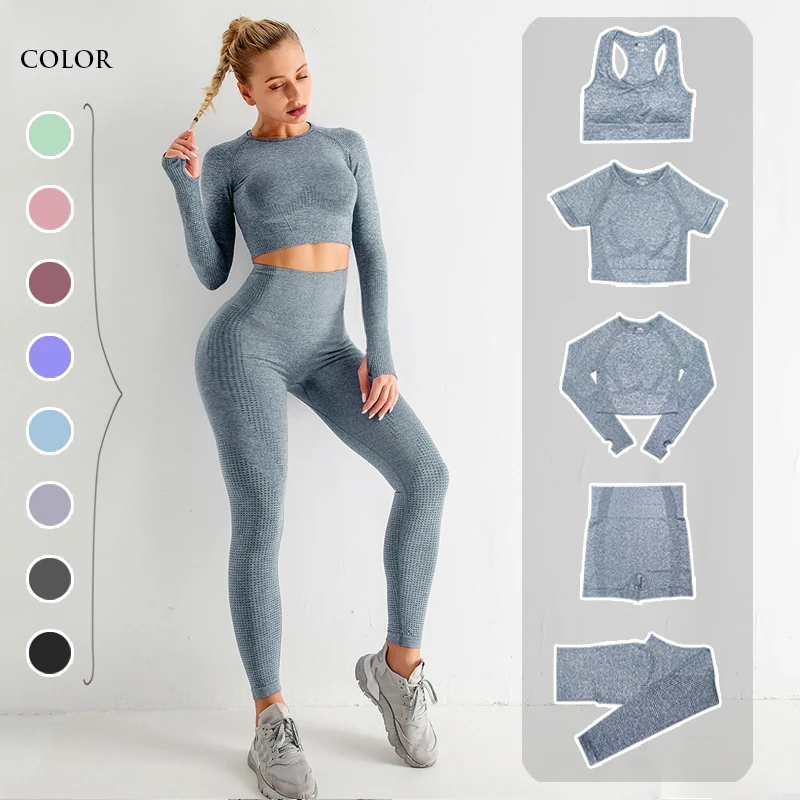 

2/3/5PCS Seamless Women Yoga Set Workout Sportswear Gym Clothing Fitness Long Sleeve Crop Top High Waist Leggings Sports Suits