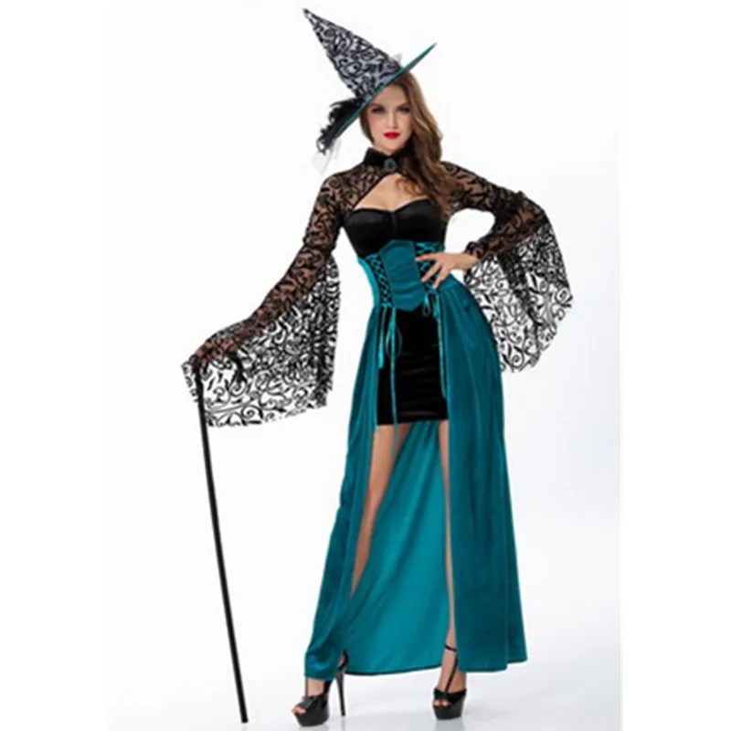 

New Women Halloween Witch Costume Adult Masquerade Cosplay Costume Green Carnival Dress Costume With Hats
