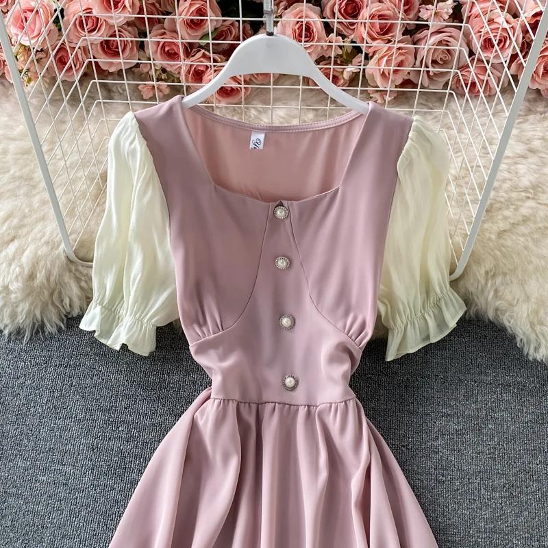 

French Contrast Color Patchwork Square Neck Short Puff Sleeve Dress 2021 Summer Waist Thin Elegant A-line Long