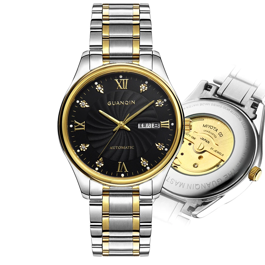 

GUANQIN Men Day Date Watches Analog Automatic Self Winding Mechanical Wrist Watch With Stainless Steel Bracelet Waterproof Watch