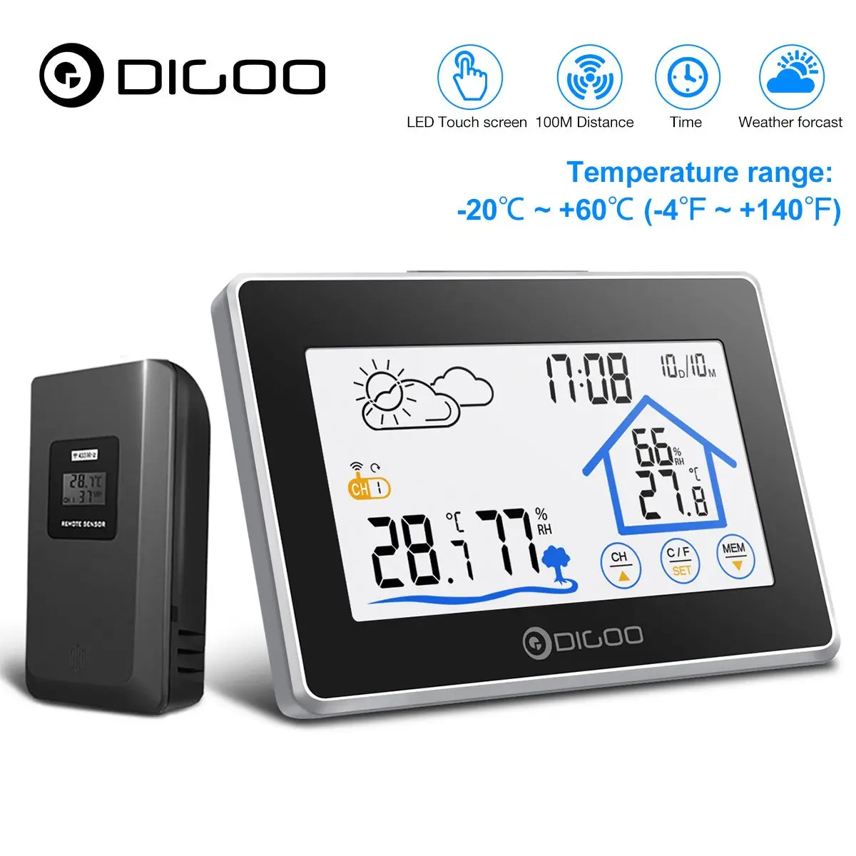 Беспроводная сенсорная Метеостанция Digoo DG-TH8380 комнатный и уличный датчик