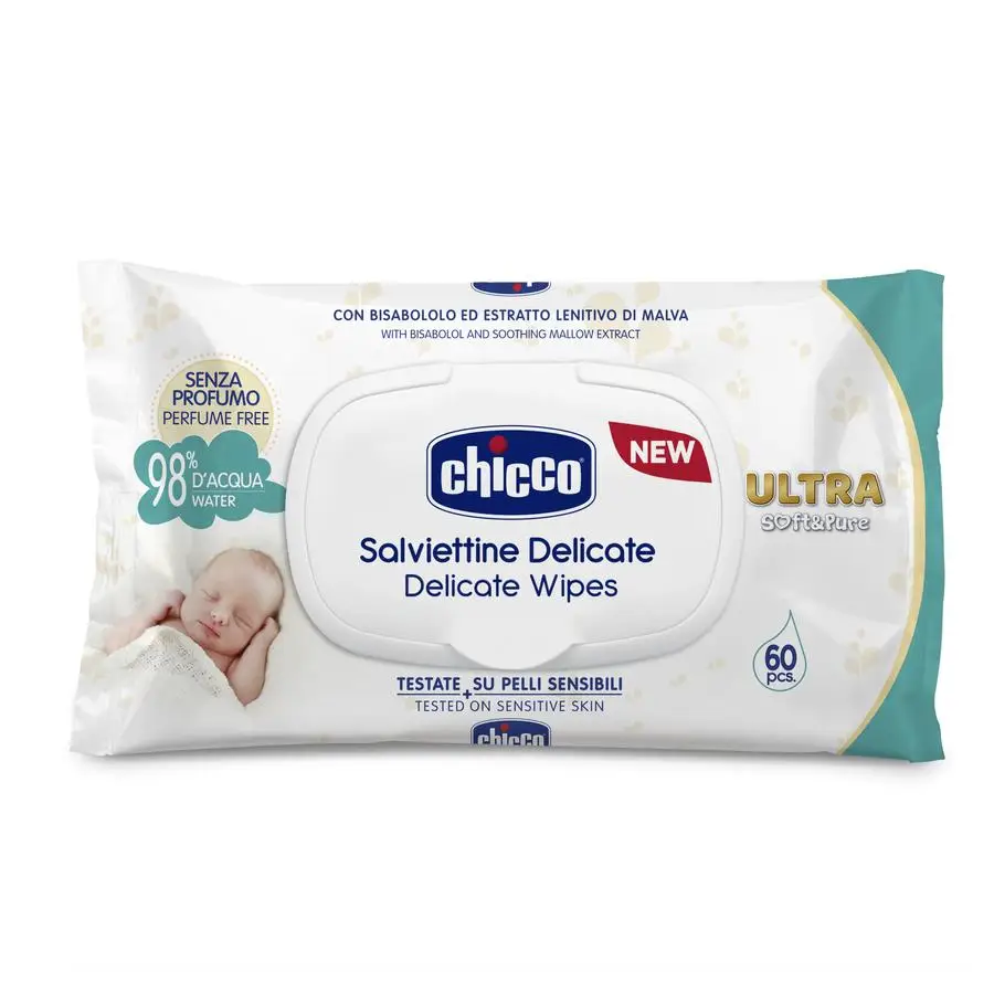 Салфетки ультра-мягкие влажные Chicco 60 шт. (с клапаном) | Мать и ребенок