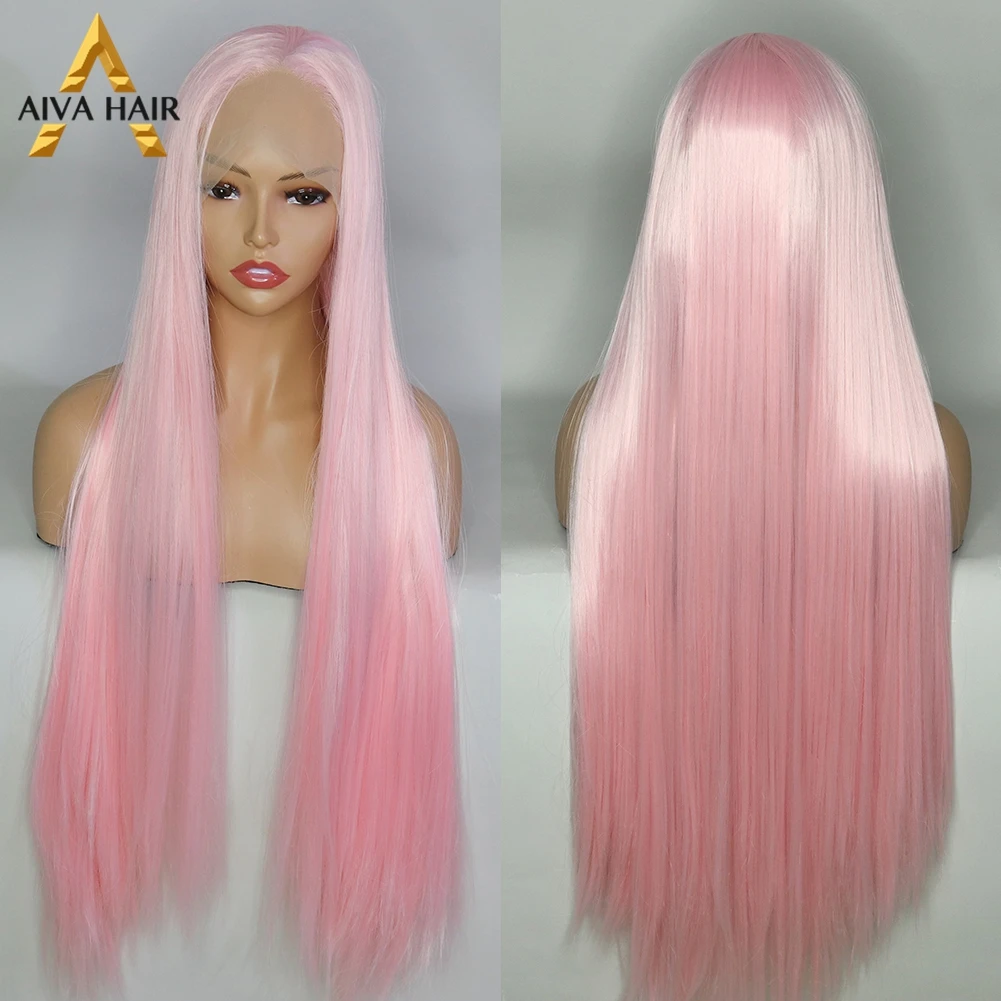 Cabelo de Fibra Dianteira do Laço Perucas para Preto Aiva Alta Temperatura Peruca Sintético Longo Rosa Reta Cosplay