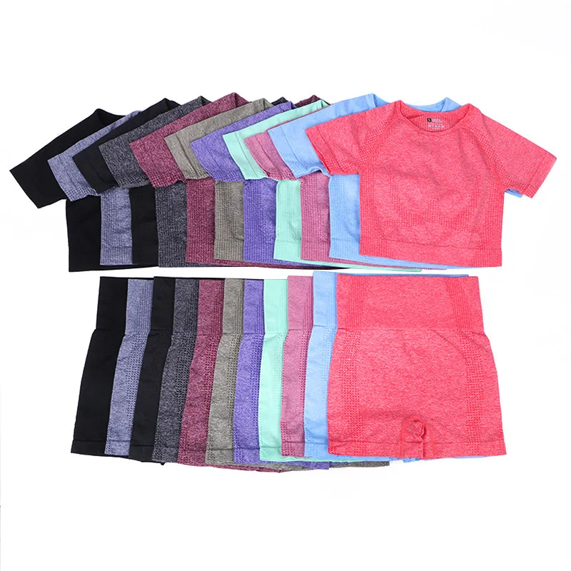 

Seamless Fitness Suit Yoga Shorts Sets Shockproof Running Training Dance Pilates Sports Set Short Sleeves T-shirt Yoga Set Woman