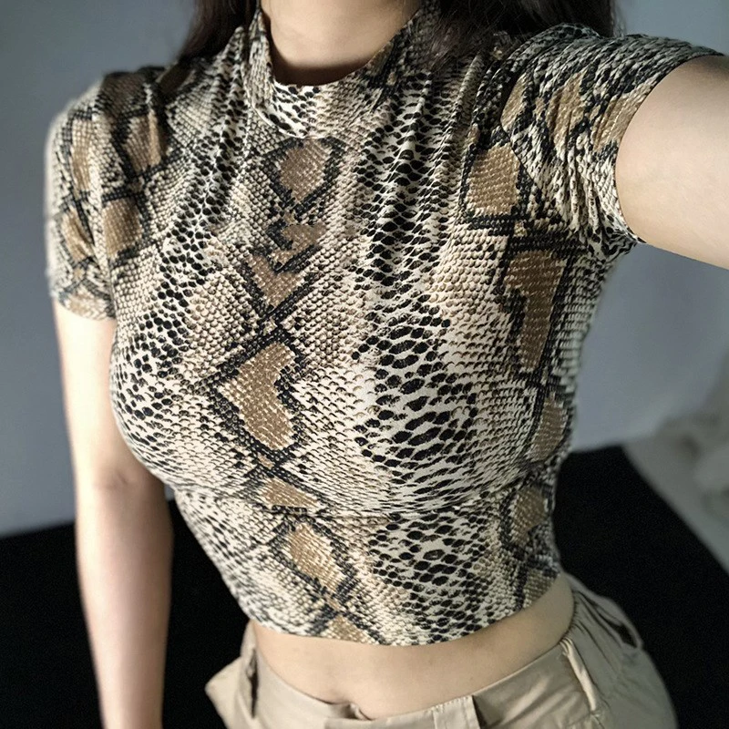 

2022 Sexy Crop Top Women Snake Print Tank Top Slim Primer High Collar Vest Harajuku Crop Tank Top T Shirt Femme Girls Camis Tops