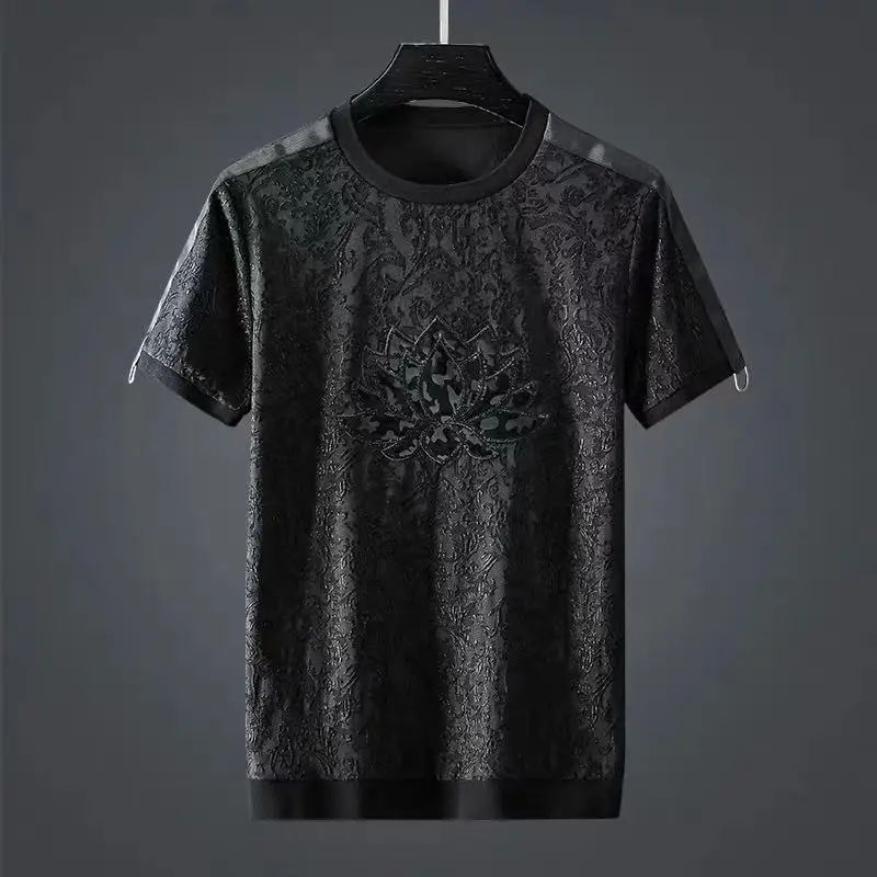 

Chinese wind dark grain to Hualien flap male summer tide embroidered collar bigger sizes loose black male tide with short sleeve