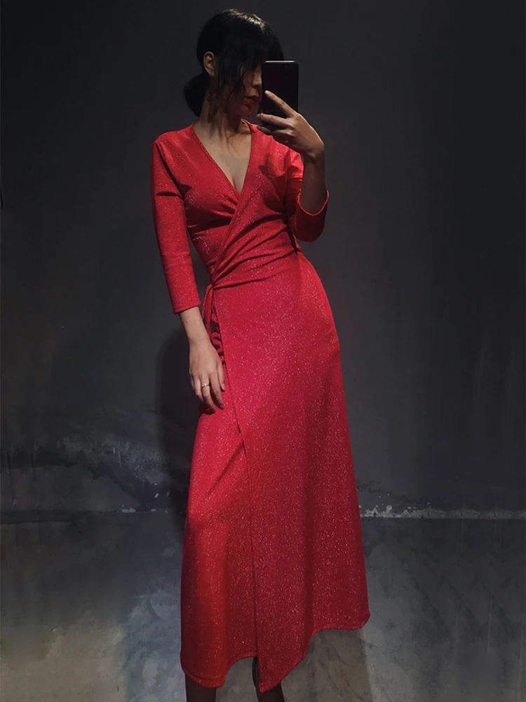 Женское цельнокроеное вечернее платье с поясом и V образным вырезом|Платья на