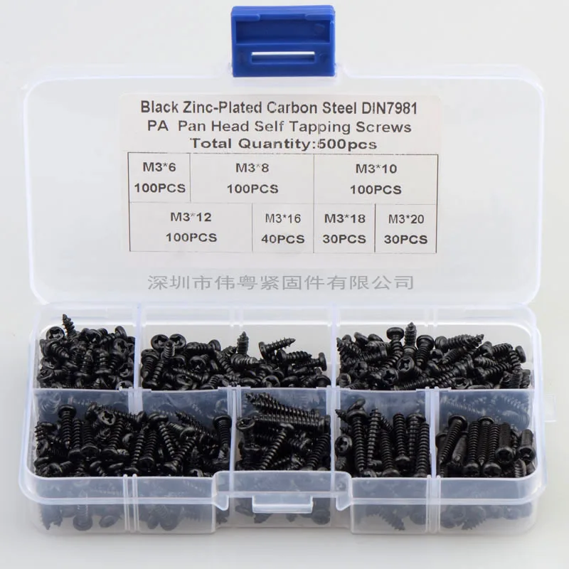 

500Pcs/Lot Black Zinc-Plated Carbon Steel 4.8 Grade M3*6/8/10/12/16/18/20mm DIN7981 Philips Pan Head Self Tapping Screws Set