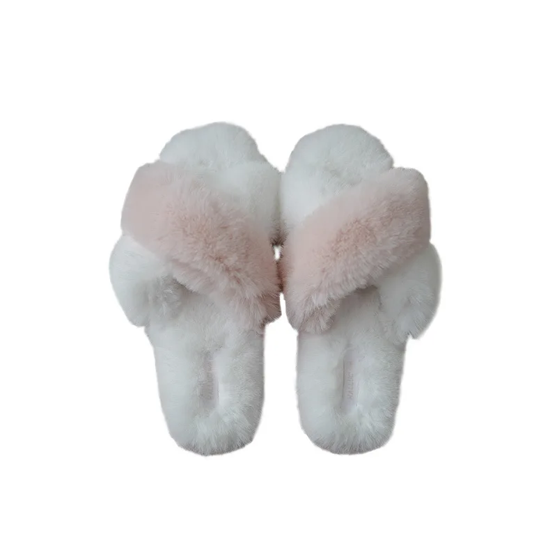 

Luxury Women Fur Slippers House Cross Band Comfortable Ladies Flat Shoes FLats Bedroom Elegant Women Furry Slippers