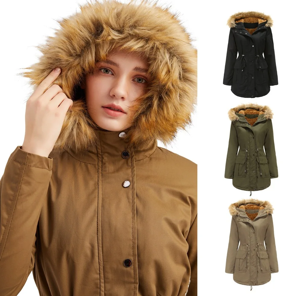 

Новый Европейский код плюс бархатная хлопковая стеганая куртка с капюшоном меховой воротник зимняя теплая куртка Женская Стеганая куртка