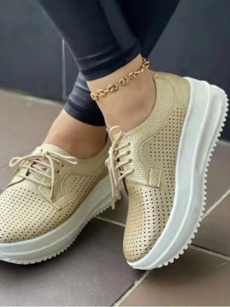 

Women Shoes Fashion Casual SolidPU Hollow Breathable Mesg Round Toe Strap Flat Platform Comfortable Sneakers Zapatillas Mujer