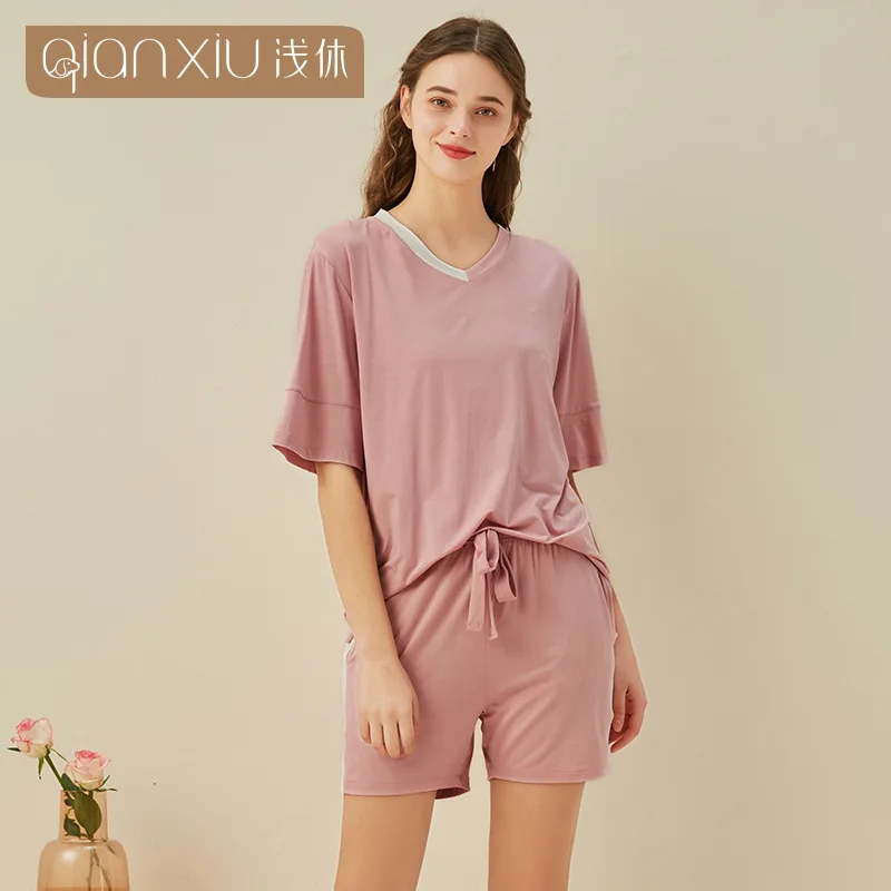 

Pajamas women's summer new bamboo fiber short sleeve shorts home furnishing suit women's comfortable pajamas