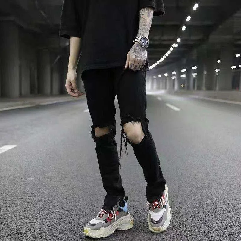 

2021 European and American hip-hop style high street washed ripped jeans Slim fit feet men and women trendy wide-leg pants