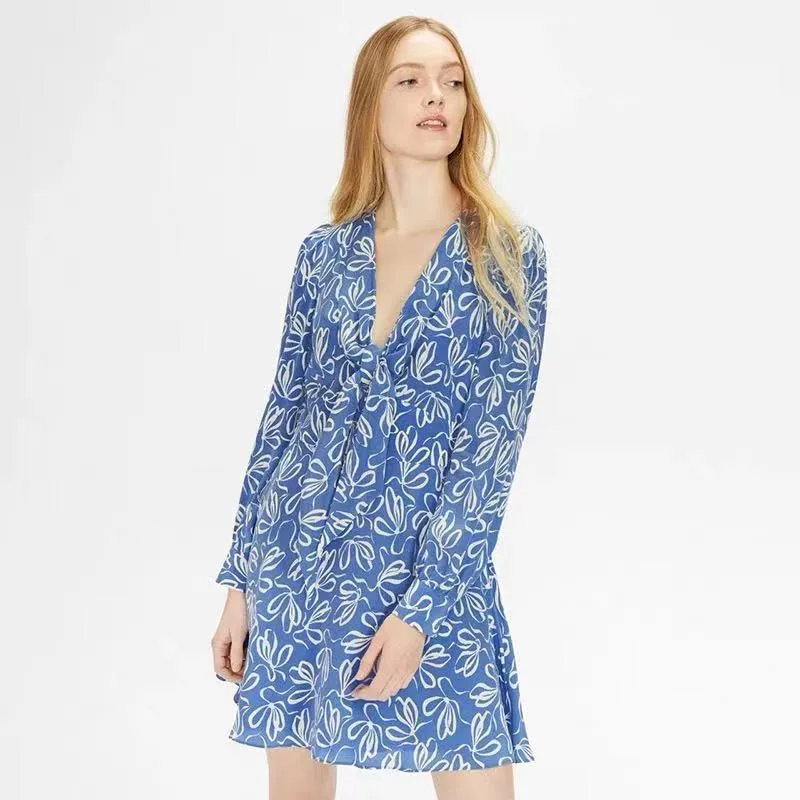 

CC7 Spring Summer Polka Dot Print Dress Women 2021 New Casual Lace Up V Neck Full Sleeve Slim Short Dress