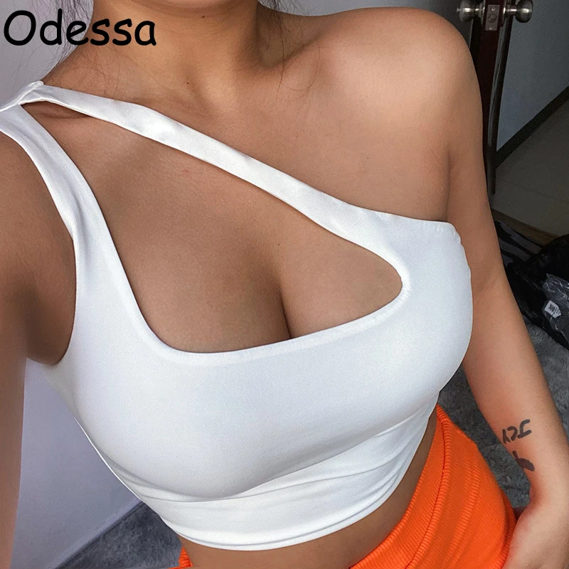 

Одесский белый сексуальный укороченный топ на одно плечо, без рукавов, с вырезами, с открытой спиной, Обтягивающий корсет Y2K, летние короткие...