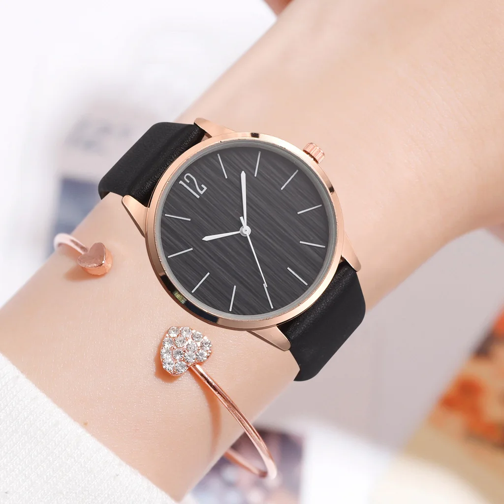 Black with Bracelet Модные простые 2 шт набор браслет часы женские кожаные аналоговые женские кварцевые часы на запястье часы женские часы ювелирные изделия женские часы - Цвет: Black with Bracelet
