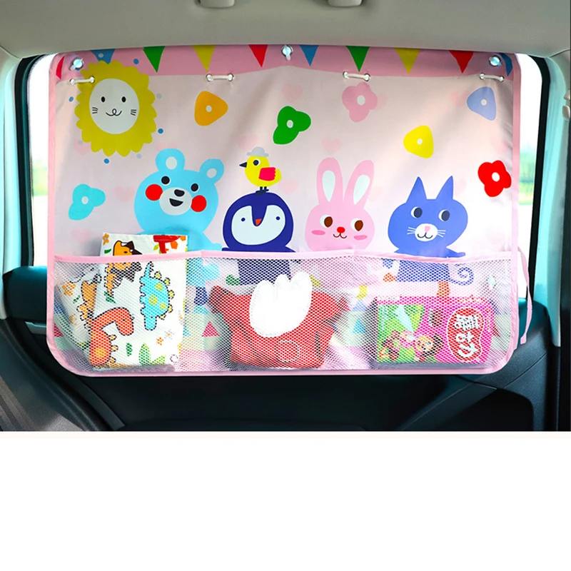 Parasol de verano para ventana de beb&eacute;, cortina ajustable con dibujos animados, red de almacenamiento-1