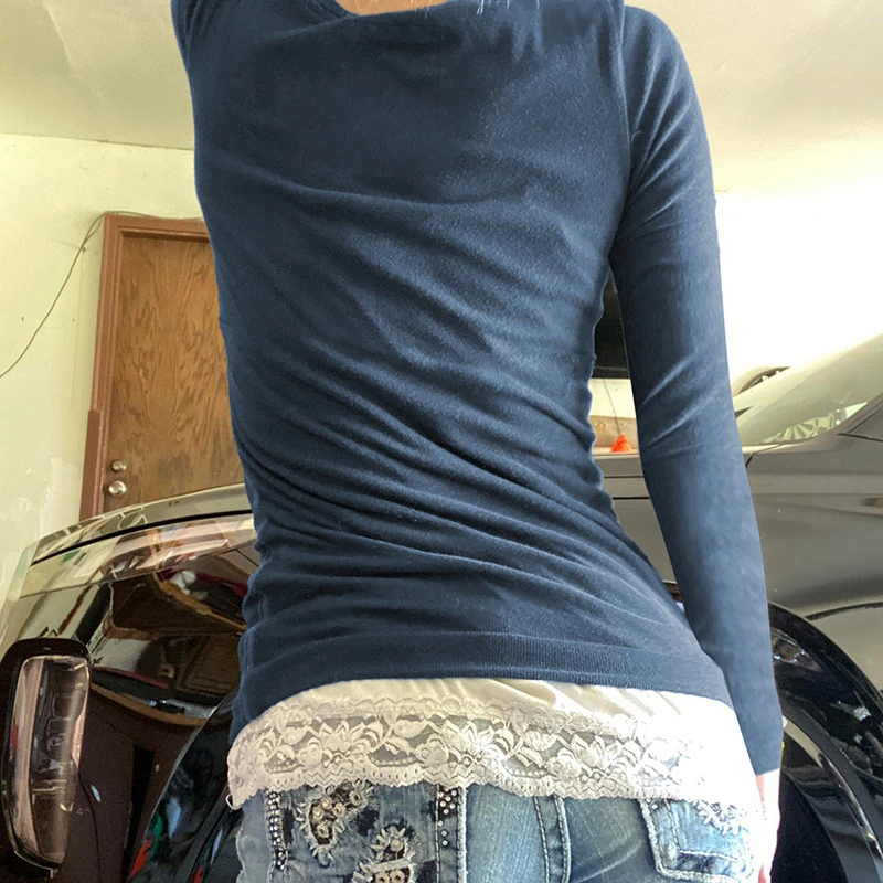 Винтажные кружевные лоскутные милые хлопковые футболки Женская Модная