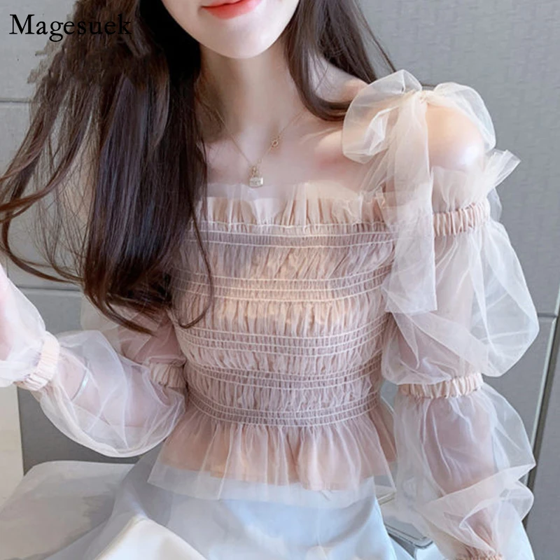 

Fashion Long Sleeve Ladies Tops Blusas Mujer De Moda 2021 Korean Chic Lace Sexy Chiffon Shirt Off-Shoulder Woman Blouses 8735