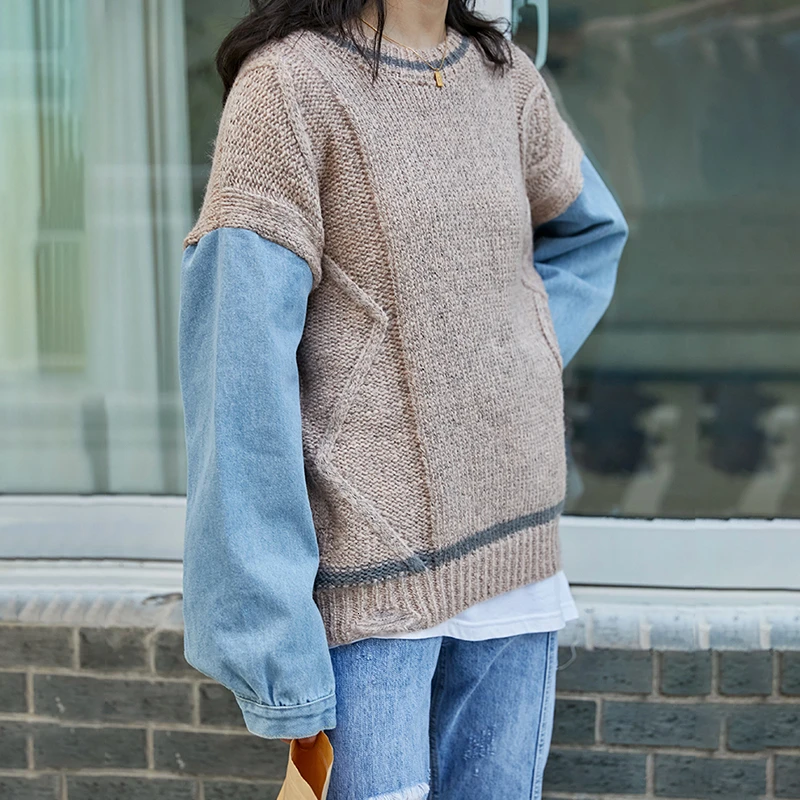 GALCAUR Patchwork Denim Women's Sweaters Long Sleeve O Neck Hit Color Oversized Female Sweater 2020 Autumn Winter Fashion New | Женская