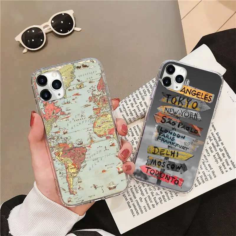 

World Map Travel Phone Case Transparent soft For iphone 12 11 13 7 8 6 s plus x xs xr pro max mini
