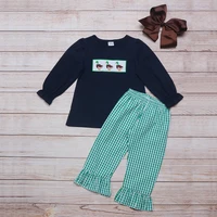 2021 new style pure cotton baby girl suit navy blue long sleeved top with duck embroidery and green plaid trousers