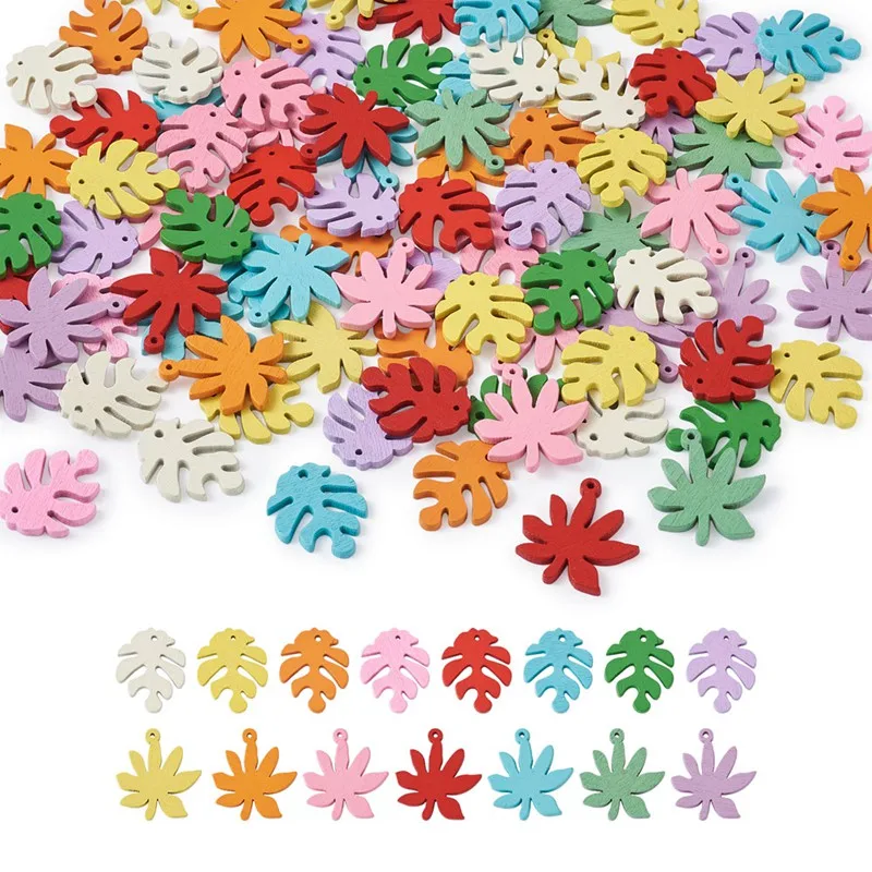 

150pcs/set Leaf Shape Painted Poplar Wood Pendants Charms Mixed Color for Jewelry Making DIY Bracelet Necklace Accessories