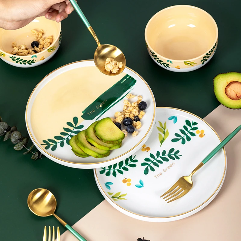 Скандинавский креативный керамический обеденный набор с листьями круглые