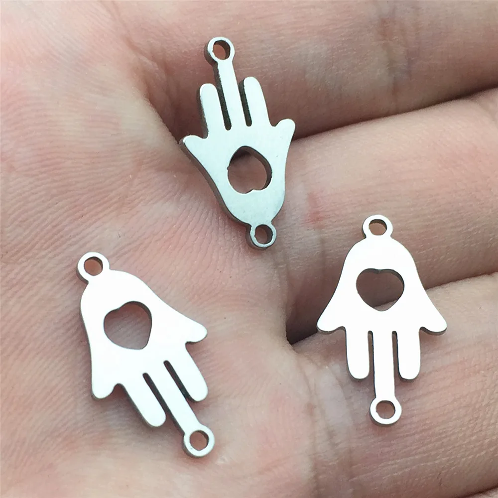 

Stainless Steel Connectors 10pcs Bright Silver Heart Hamsa Hand Charm Fit Necklace Connector Diy Bracelet Jewelry Make Finding