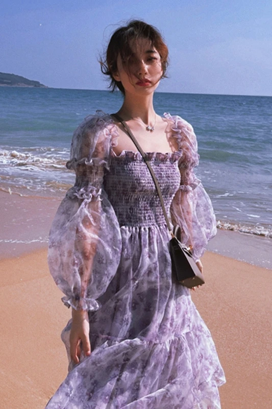 

Gauze French floral dress for women maxi dresses summer 2020 Lantern Sleeve Square Collar Solid Casual Full