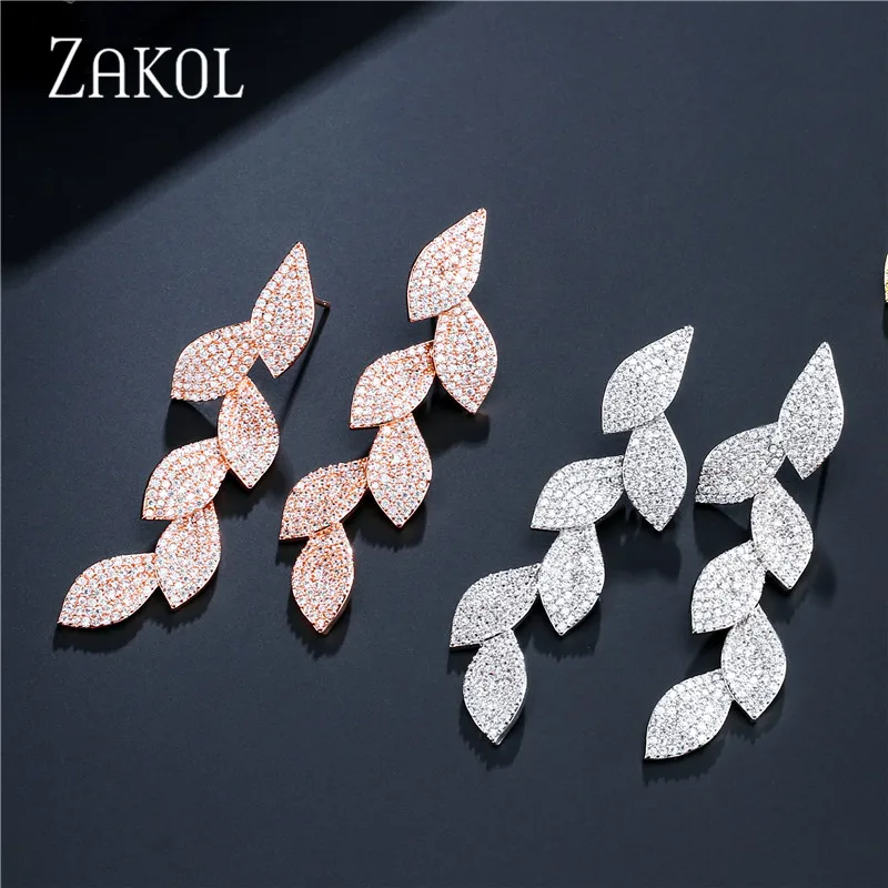 ZAKOL микро инкрустированные фианиты листья длинные висячие серьги для женщин