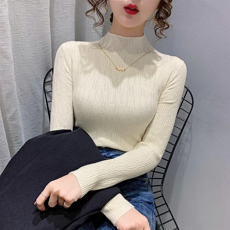 

Women 2021 Autumn Winter New Knitted Sweater Tops Female Long Sleeves Half Turtleneck Tops Ladies Solid Color Slim Tops Q328