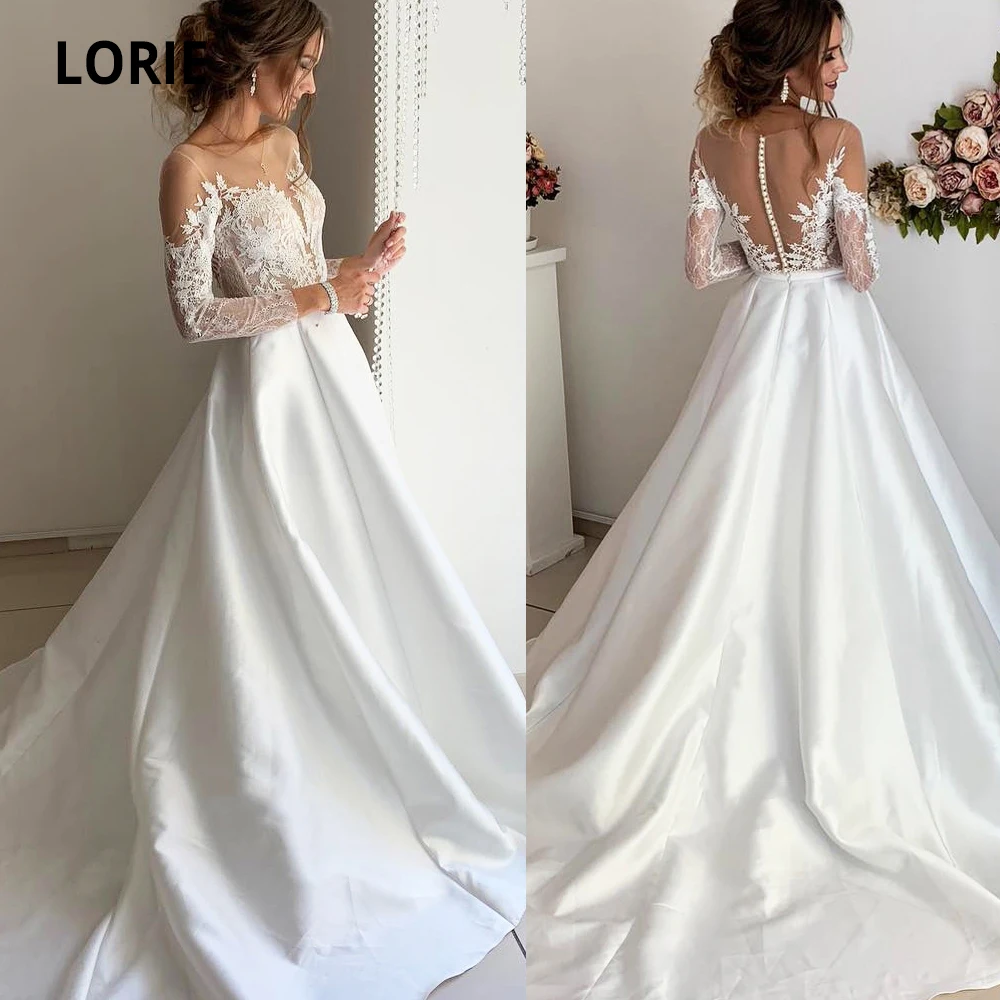 LORIE элегантное кружевное атласное свадебное платье с длинным рукавом Аппликация