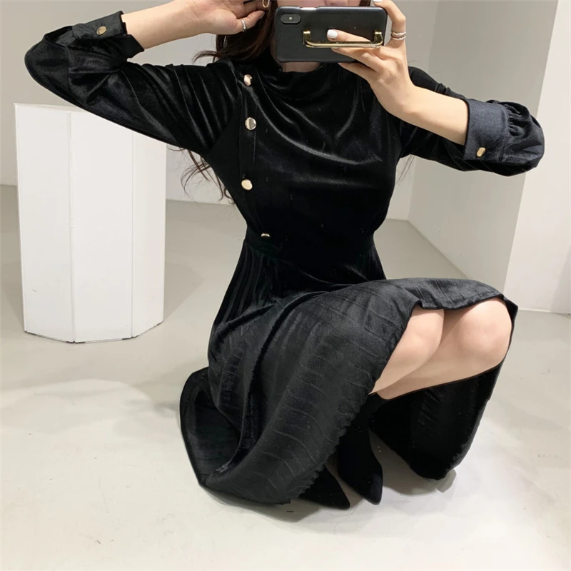 hzirip 2021 retro palace style velvet office lady sexy slim elegant ol work wear fashion chic high waist women long dresses free global shipping