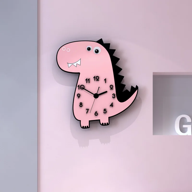 Большой розовый динозавр аниме бесшумные акриловые декоративные настенные часы