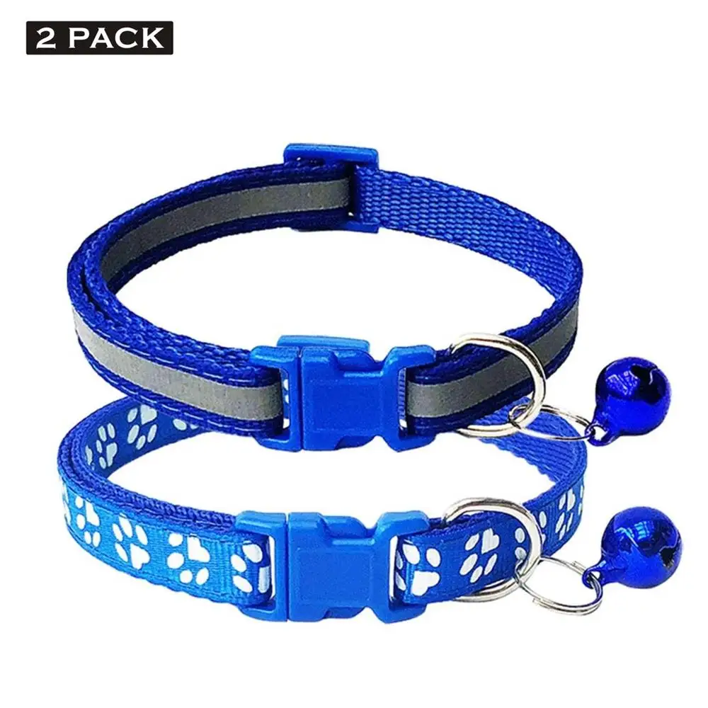 

2 Pack Footprint Reflective Cat Collar with Bell Basic Dog Cat Collar Buckle Adjustable Polyester Paw Dog Collar