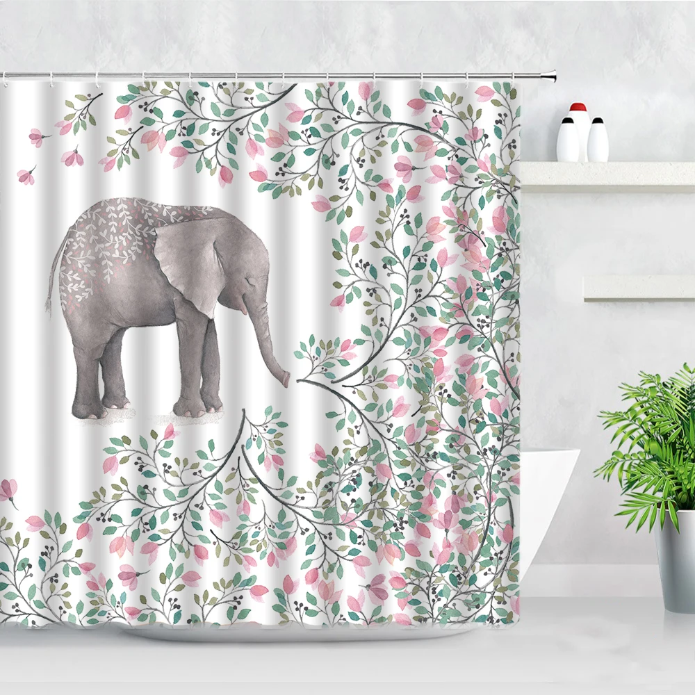 S Set Creative Flowers Plant Elephant Flamingo Fox Printed Children Bathroom Curtain With Hooks