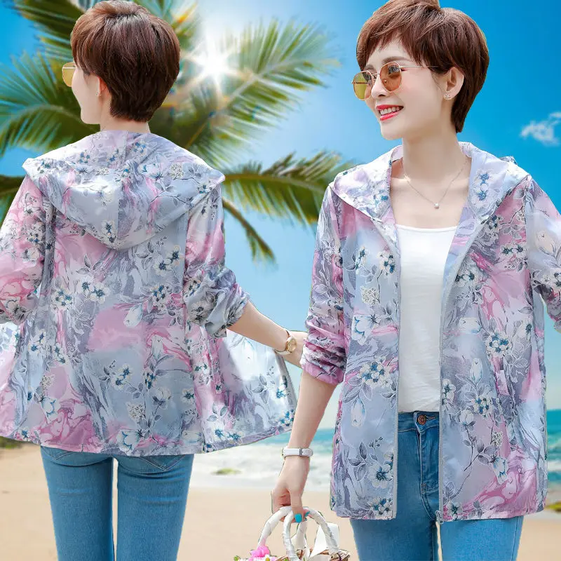 

Middle-aged Women 2020 Summer Fashion Jacket Female Large Size 5XL Printing Thin Coat Sun Protection Clothing Hooded Coat N41
