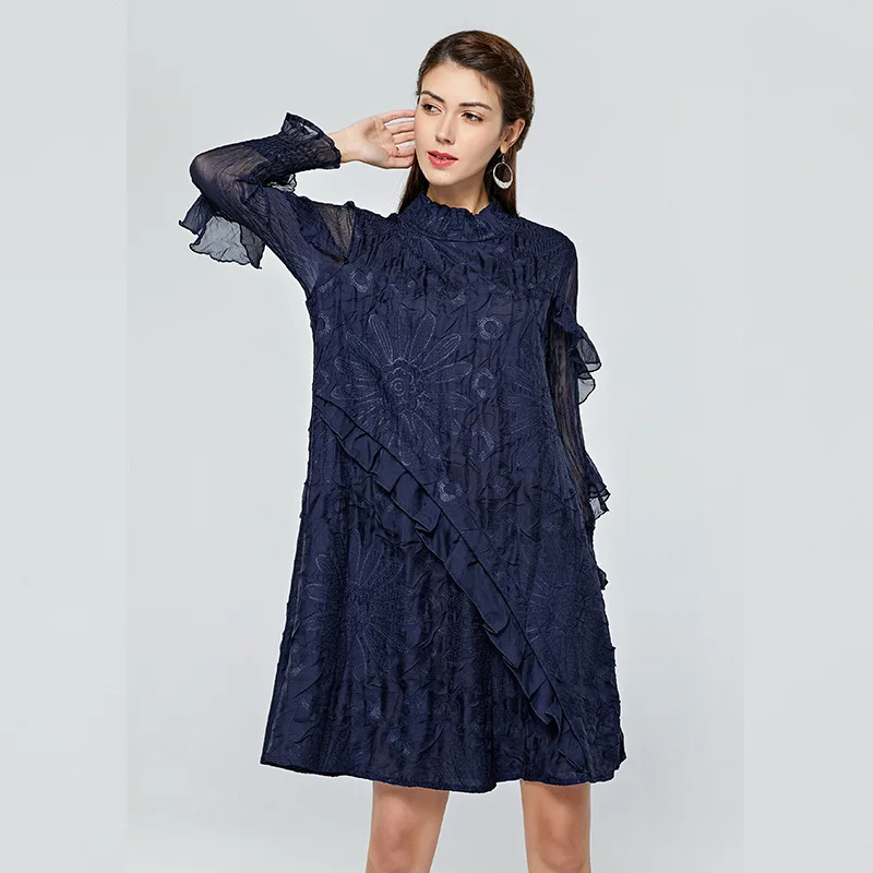 Женское Сетчатое платье LANMREM свободный офисный пуловер средней длины со стоячим