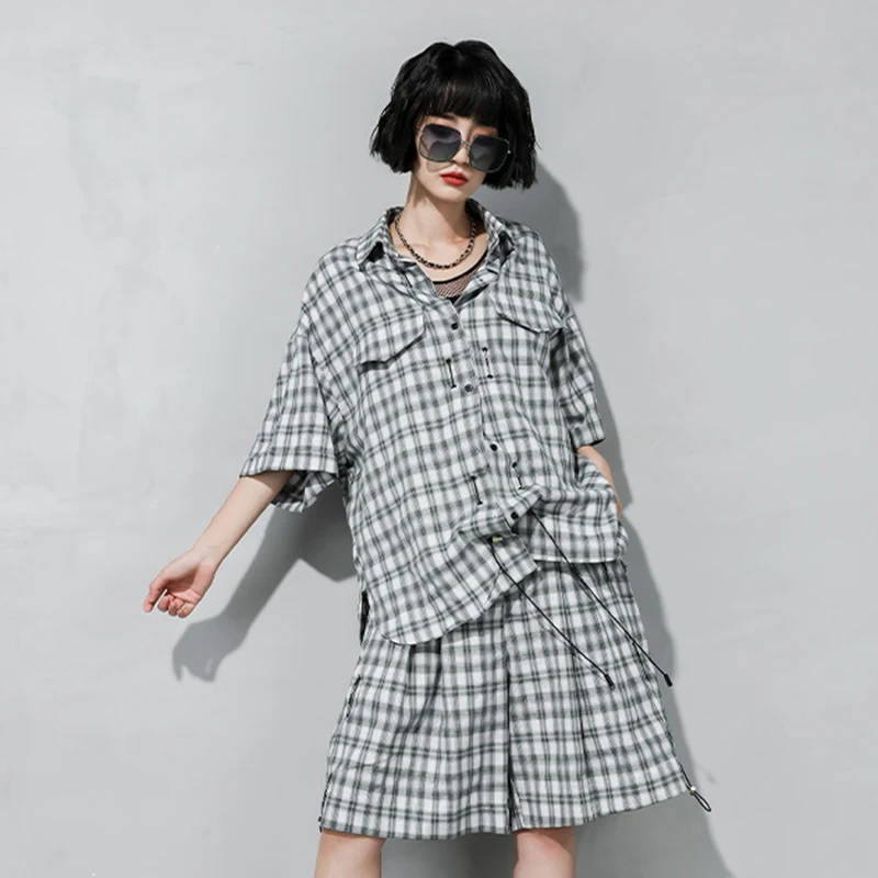 

CHICEVER Casual Plaid Shirt For Women Lapel Short Sleeve Hit Color Minimalist Blouses Females Summer Fashion Clothing 2021 Style