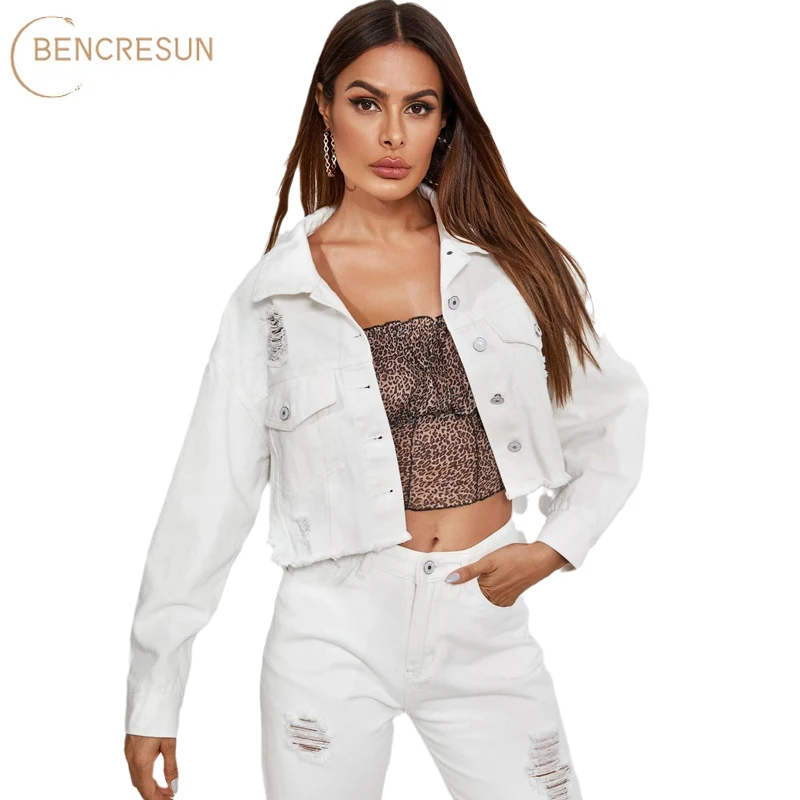Women's Denim Jacket Short Spring and Autumn Full-sleeved Single-breasted Pockets Distressed Casual White Black Loose Coat